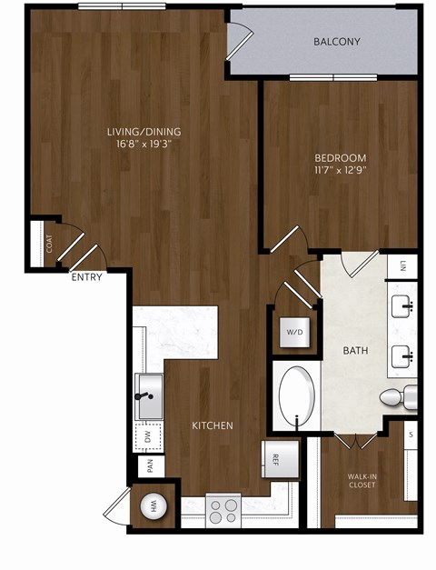 Floor plan for 1 bed, 1 bath, 865 sqft